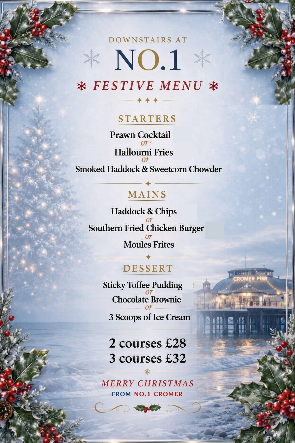 Downstairs at No.1 Cromer festive menu